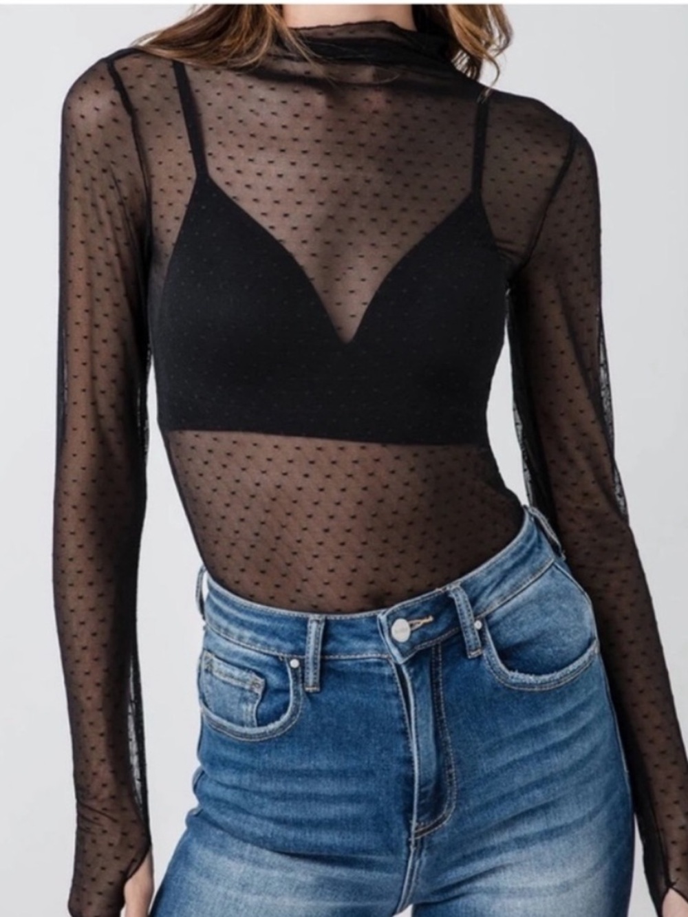 Free People Intimately Black Mesh Mock Neck Polka Dot Long Sleeve Top Size XL